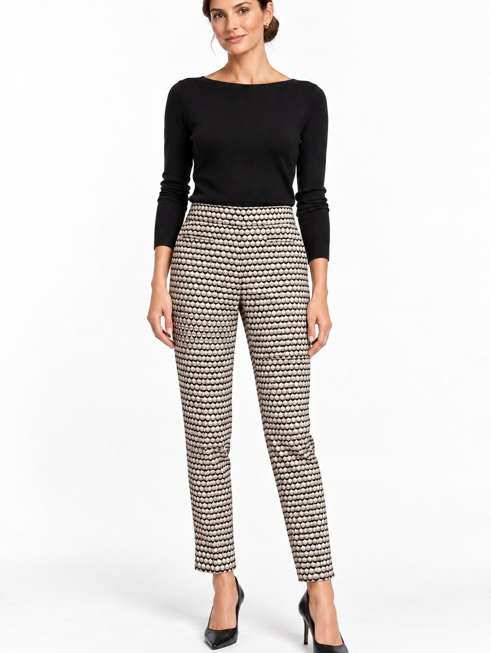 Akris Punto Geometric Print Slim Ankle Pants Neutral Stretch Cotton Size 6